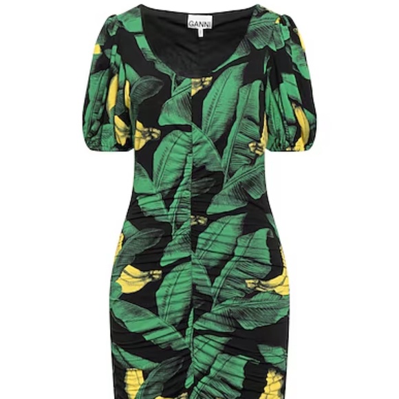 GANNI Women's Leaf Print Bodycon Minidress Black Green 34 (2) NWT